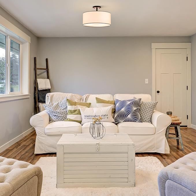 VONLUCE Semi Flush Mount Ceiling Light, 18" Ceiling Light Fixture with Diffused Shaped, Modern Light Fixture for Bedroom Living Room Entryway Hallway, White Shade & Black Finish