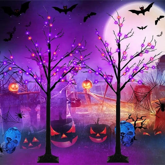 2-Pack 4FT Lighted Black Halloween Tree with 96 LED Orange & Purple Lights, Higher Size, Timer Function Halloween Trees Lights Spooky Tree for Indoor & Outdoor Halloween Decorations Home Party Decor