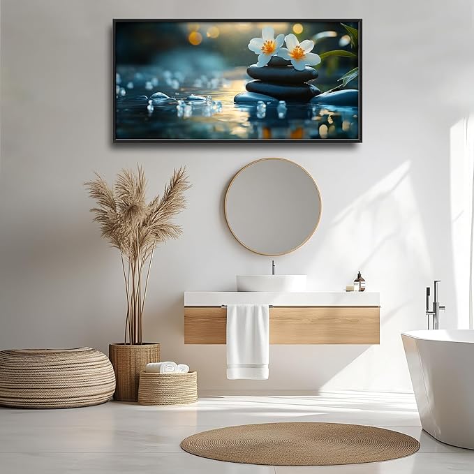 Zen Framed Wall Art for Living Room, Large Lotus Canvas Wall Decor, Stones in Water Landscape Pictures Painting, Modern Artwork for Spa Bathroom Bedroom 60L'' × 30W''