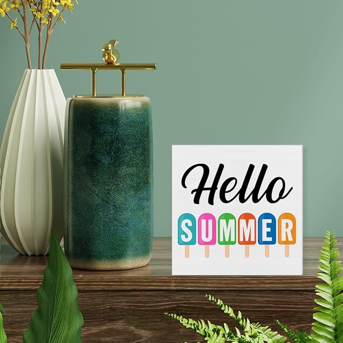 Summer Sign Decor Hello Summer Wood Block Sign Home Kitchen Desk Table Shelf Decoration
