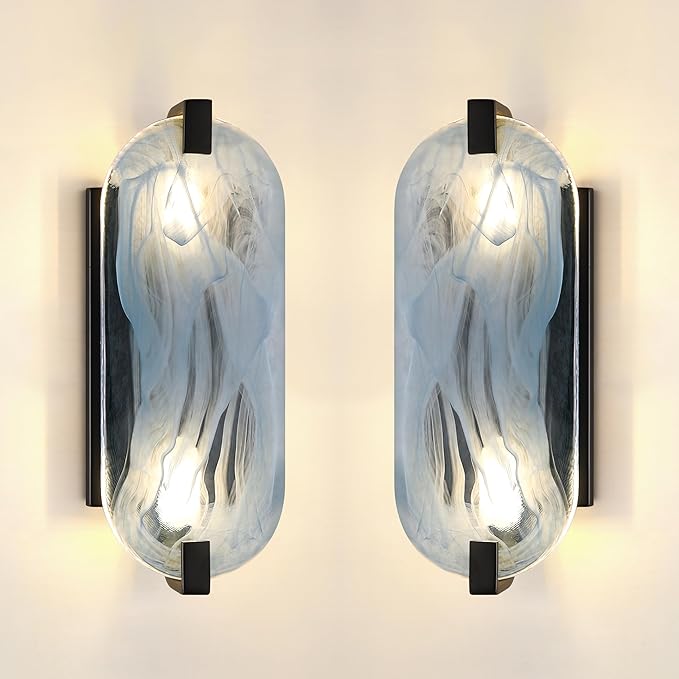 2 Pack 2 Light Oval Frosted Blue Glass Bathroom Wall Sconce Modern Concise Style Wall Light Fixture,Black Finish for Bedroom Hallway Bedside