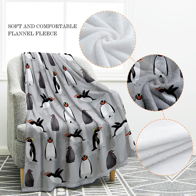 Jekeno Penguin Blanket Birthday for Dad Women Kids Boys Teens Presents Home Bedroom Living Room Antarctic Animals Decor Soft Cozy Plush Throw Blankets Grey 50"x60"