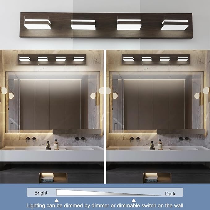 SineRise LED Modern Bathroom Vanity Light Fixtures (4-Light, 30-Inch, Dimmable), Brown Wood Painted Modern Acrylic Bathroom Wall Lighting Fixtures Over Mirror (Cool White 6000K)