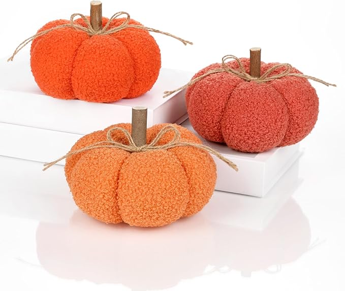 6" Fake Fall Pumpkin Decorations for Home, 3 Pcs Artificial Big Fabric Pumpkins Autumn Decor Faux Pumpkins for Decorating, Fall Wedding Table Centerpiece Mantel Harvest Decor, Halloween, Thanksgiving