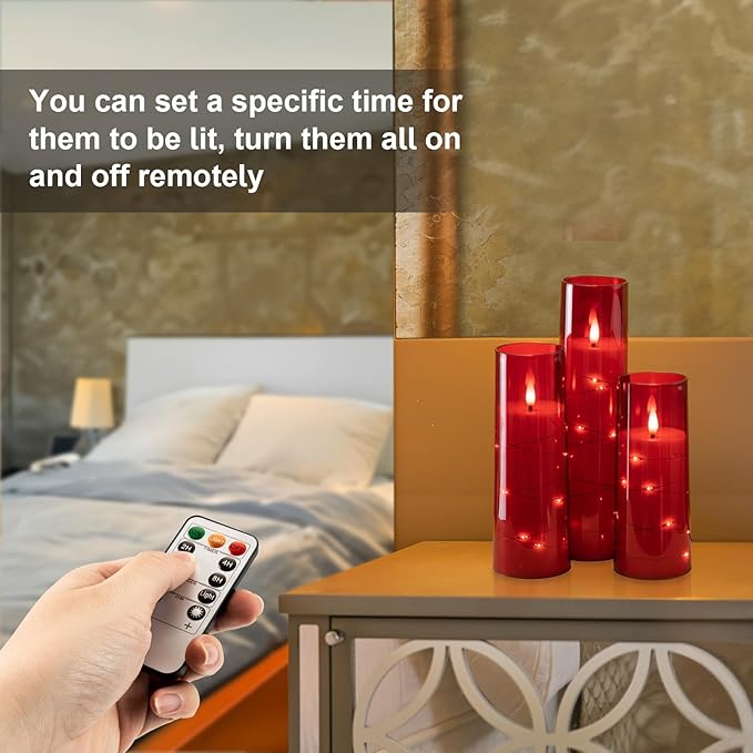 Raycare Flameless Candles with Embedded Star String, 5 Pcs Battery Operated Acrylic Pillar Candles with Timer and Remote, LED Candles for Romantic Ambiance and Home Decoration(Red)