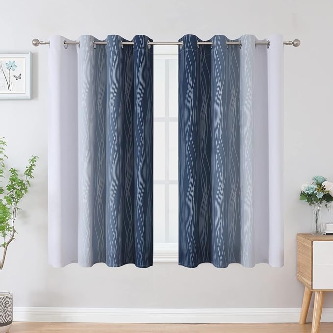 Estelar Textiler Full Room Darkening Greyish White and Navy Blue Blackout Curtains 54 Inch Length 2 Panels Set,Ombre Thermal Insulated Full Light Blocking Grommet Blackout Drapes for Kitchen,52Wx54L