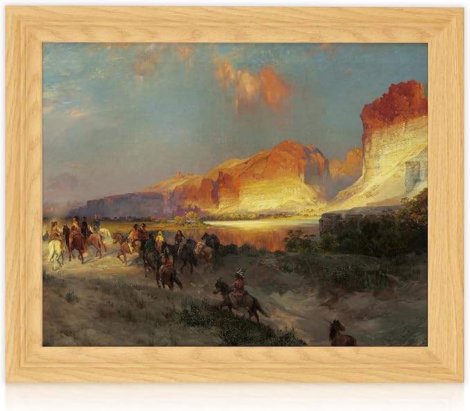 Brivoria Framed Canvas Wall Art Vintage Decor, Romantic Autumn Western Scene with Horse Riders, Red Rock Canyon and Golden Sunset Light for Hallway Reading Nook or Rustic Frontier Display, 13"x16"