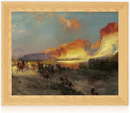 Brivoria Framed Canvas Wall Art Vintage Decor, Romantic Autumn Western Scene with Horse Riders, Red Rock Canyon and Golden Sunset Light for Hallway Reading Nook or Rustic Frontier Display, 13"x16"