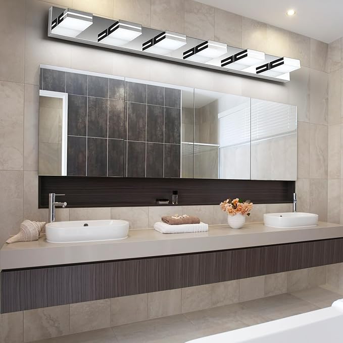 SineRise LED Modern Bathroom Vanity Light Fixtures (6-Light, 48-Inch, Dimmable), Chrome Modern Acrylic Bathroom Wall Lighting Fixtures Over Mirror (Cool White 6000K)