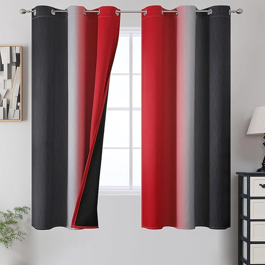 Estelar Textiler Ombre Red and Black Curtains 63 Inch Length 2 Panels, 100% Blackout Curtains for Living Room, Grommet Thermal Insulated Drapes, Full Light Blocking Curtains for Bedroom, 42x63 Inch