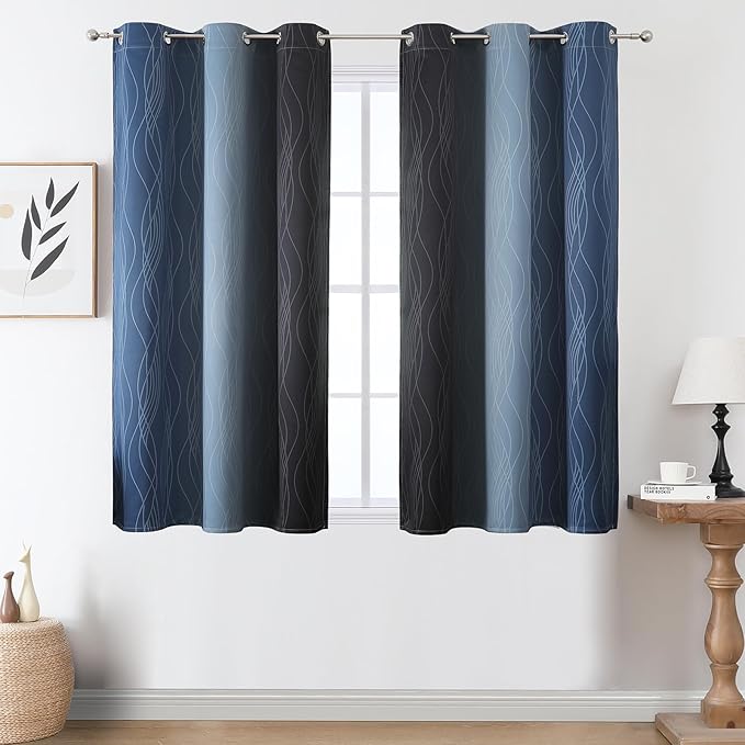 Estelar Textiler Navy Blue and Black Ombre Blackout Curtains 54 Inches Long, Full Light Blocking Gradient Grommet Drapes for Kitchen, Thermal Insulated Curtains for Bedroom, 42Wx54L, 2 Panels