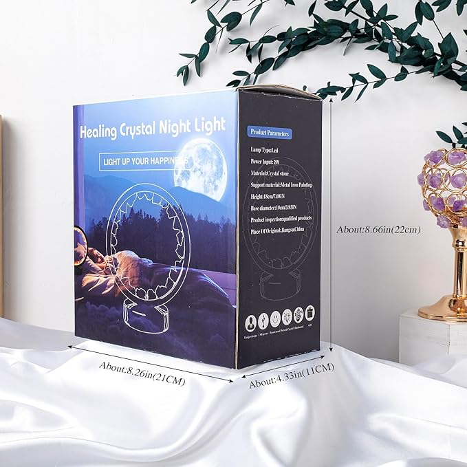 Runyangshi Celestite Night Light 8.6" Natural Healing Crystal Bedside USB Port 3 Colours Dimming Mode Bedroom Lamp Suitable Night Lamp Ideal Gift