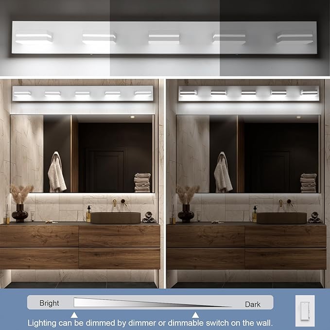 SineRise LED Modern Bathroom Vanity Light Fixtures (5-Light, 40-Inch, Dimmable), Matte White Modern Acrylic Bathroom Wall Lighting Fixtures Over Mirror (Cool White 6000K)