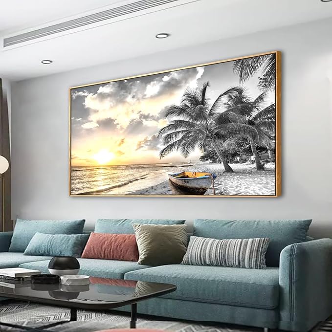 Framed Canvas Wall Art for Living Room Bedroom Office Black and White Beach Wall Art Paintings Pictures Artwork Seascape Sunset Wall Decor 20 * 40inch