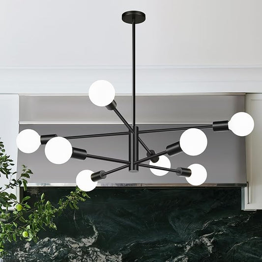 Sputnik Chandeliers Dining Room Light Fixture (8-Light, 30-Inch), Modern Black Chandelier, Height Adjustable Mid Century Modern Chandeliers for Dining Room Kitchen Island
