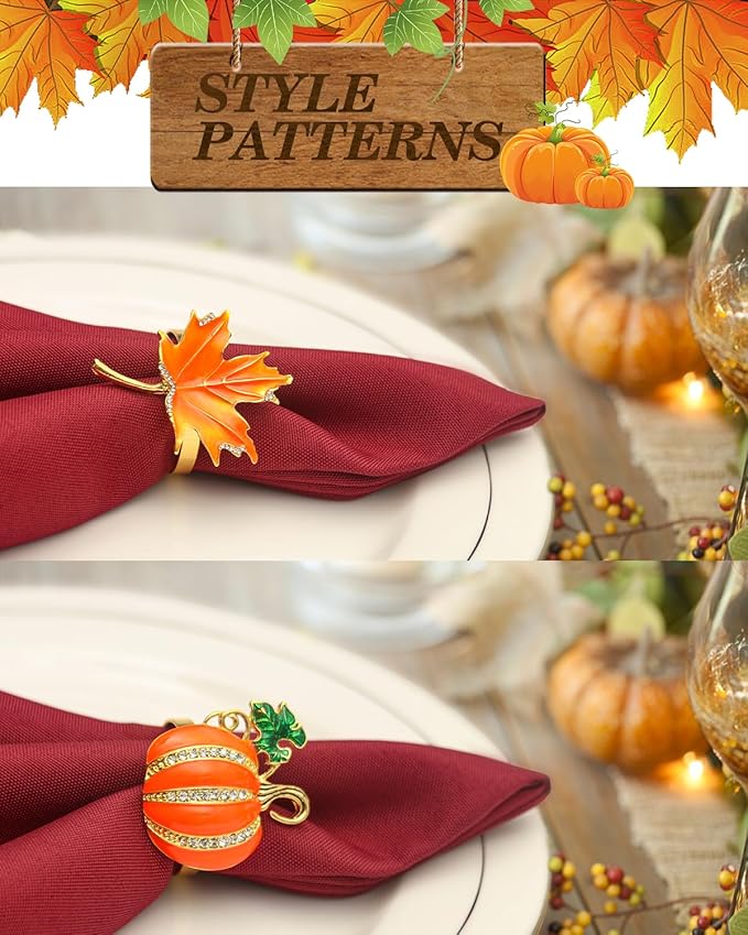 KPOSIYA Fall Napkins Rings, 12 Pcs Thanksgiving Napkin Ring Fall Maple Leaf Napkin Rings and Halloween Pumpkin Napkin Holders for Thanksgiving Table Decorations, Fall Banquet, Holiday Dinner Party