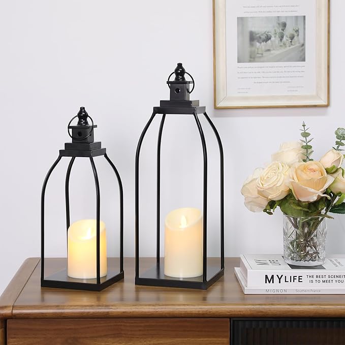 Modern Farmhouse Lantern Decor Outdoor & Indoor- 17'' 14'' Black Metal Candle Lanterns for Christmas, Lanterns Decorative with 2 Flameless Candles for Porch,Patio,Home,Fireplace Mantle Decor