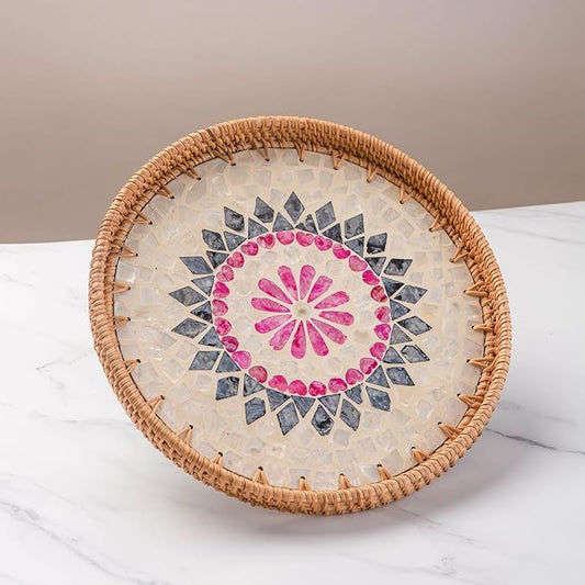 11.8' Wicker Round Rattan Mother of Pearl Serving Basket Tray for Décor Coffee Table | Large Boho Circle Woven Decorative Trays for Outdoor, Home, Kitchen Display (Lozenge)