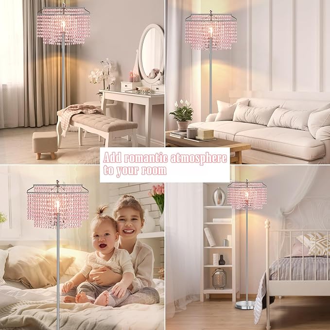 Luvkczc Pink Crystal Floor Lamp, 64" Tall Standing Lamps with Double-Layer Lampshade, Floor Lamps with On/Off Foot Switch, Elegant Floor Lamp for Living Room, Girl Bedroom, Dresser, Office