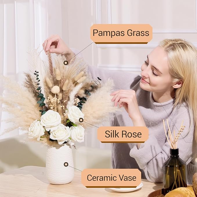 100pcs Artificial Flowers Arrangement With Ceramic Vase Included, Fake Flowers in Vase, Table Centerpiece Decorations, Boho Natural Dried Pampas Grass, Dining Table, Coffee Table, Living Room Decor