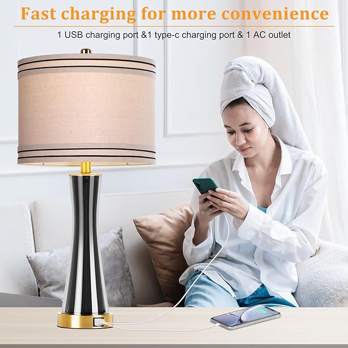 27.4''Table Lamps for Living Room Set of 2,3-Way Dimmable Modern Glass Bedside Lamps with USB Ports,Tall Lamps for Night Stands,Touch End Table Lamps for Bedroom Desk Lamps for Home Office(Grey)