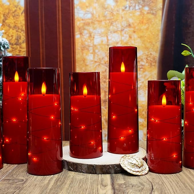 Flameless LED Candles with Timer 9 Pc Flickering Flameless Candles for Romantic Ambiance and Home Decoration Stable Acrylic Shell,with Embedded Star String,Battery Operated Candles(Red)