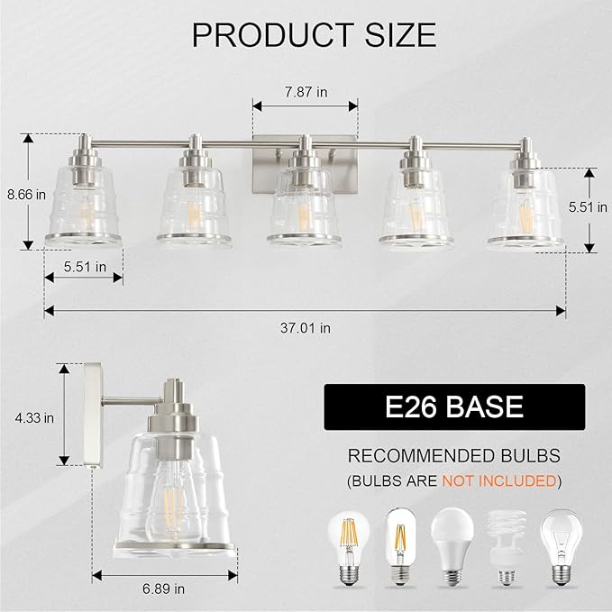 Brushed Nickel Bathroom Vanity Light Fixture, 5 Light Bathroom Light Fixtures Over Mirror with Clear lampshade and Metal Base Sconce, 37 inch Modern Vanity Light for Bathroom(Exclude E26 Bulb)