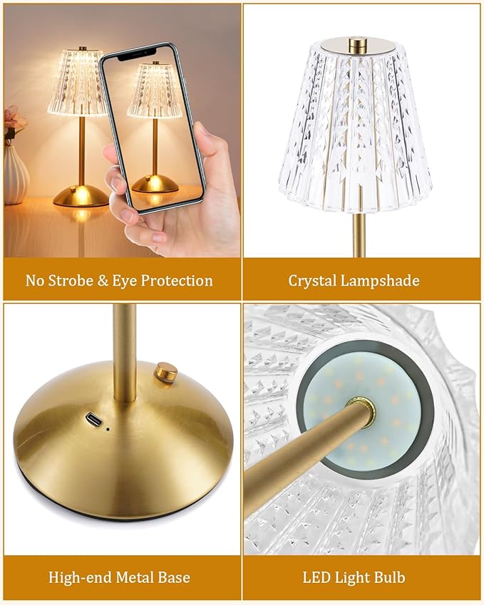 Cordless Touch Table Lamp, 3500mAh LED Rechargeable Small Dask Lamp, 3 Colors Dimmable Battery Operated Crysta Lamp for Bedroom Restaurant Kitchen Home Decor, Gold