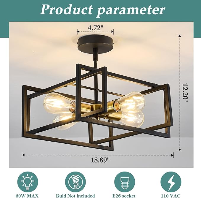 ZGLAOJT 4-Lights Close to Ceiling Light Black and Gold Light Fixture Industrial Flush Mount Ceiling Light Farmhouse Chandelier Lighting for Kitchen Island Dining Room Bedroom Foyer Hallway.