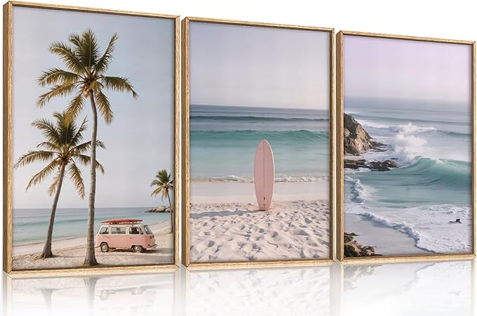 HPINUB Beach Seascape Framed Canvas Wall Art Set,Palm Tree Surfboard Nature Wall Decor,Modern Coastal Landscape Artwork Relax Summer Ocean Art Print for Living Room,Bedroom,Bathroom Decor-24 x36 x3