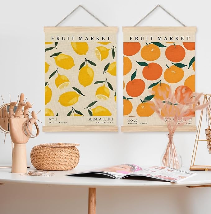Yomisex Fruit Market Lemon and Orange Wall Art Poster, Vintage Botanical Citrus Fruits Canvas Prints Wall Art Framed for Home Kitchen Dining Room Decor, 12x16 Inch Set of 2