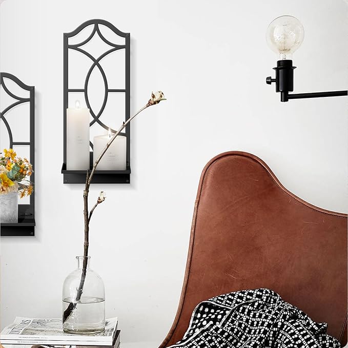 Candle Wall Sconces Set of 2, Black Metal Wall Art Decor for Living Room, Dining Room, Bedroom, Bathroom (16.5 x 7 in)