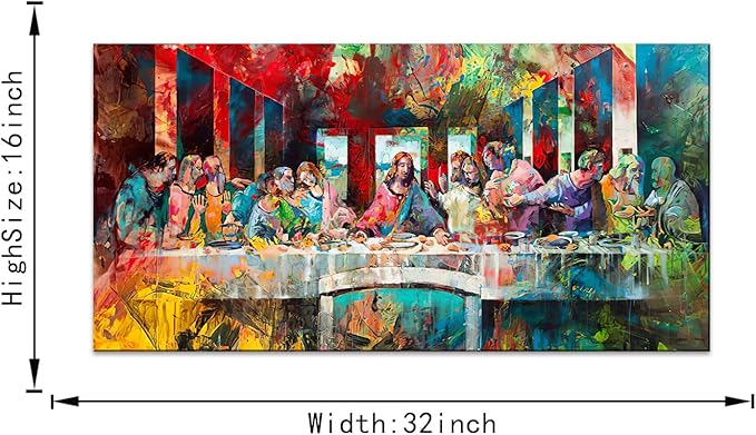 Graffiti The Last Supper Famous Painting Reproduction Color Graffiti Artwork The Last Supper Canvas Office Wall Art Woodden Pallets for Bed Gallery Wrapped Framed and Stretched Ready to Hang-32"Wx16"H