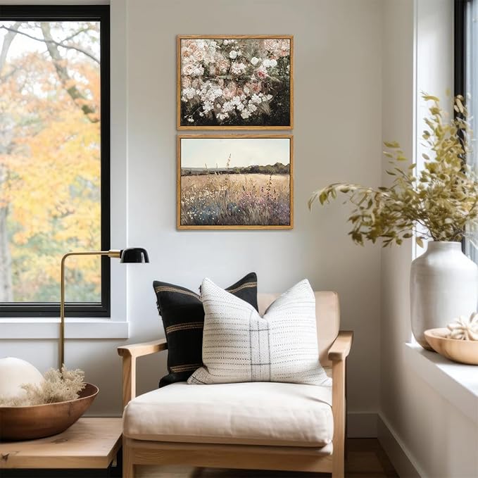 KBKBART Framed Vintage Wall Art Prints, Retro European Country Autumn Wildflower Field Landscape Canvas Painting Farmhouse Decor, Rustic Antique Framed Canvas Wall Art for Bathroom, Bedroom, Living
