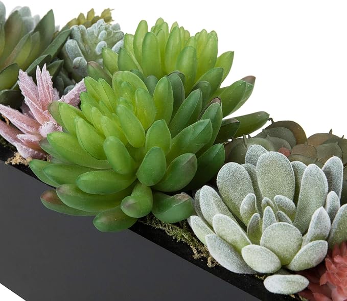 MyGift 12 Inch Modern Artificial Succulent Plants Arrangement Centerpiece in Black Rectangular Wood Planter Box