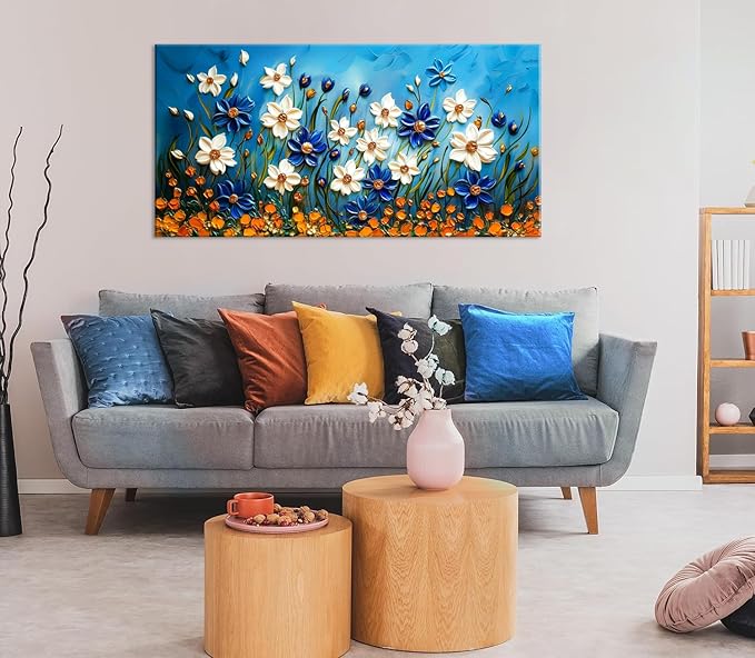 ZESTFLICKR Daisy Canvas Wall Art Daisies Flower Oil Painting Print Modern Floral Canvas Painting Artwork Nature Painting for Living Room Bedroom Home Office Kitchen Decoration (23x46 inches)