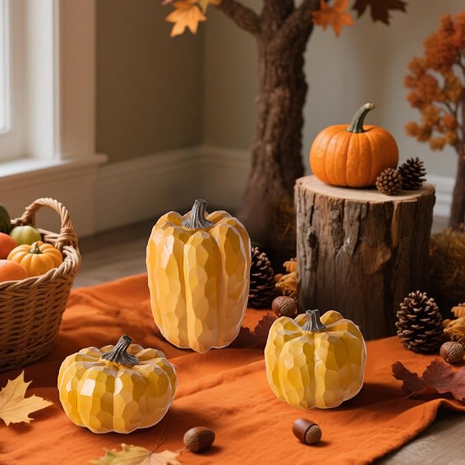 winemana Pumpkins Fall Decorations for Home & Thanksgiving- Set of 3 Artificial Pumpkin Centerpiece for Table Runner, Office, Indoor Mantel & Porch, Autumn Harvest Decor (Yellow)
