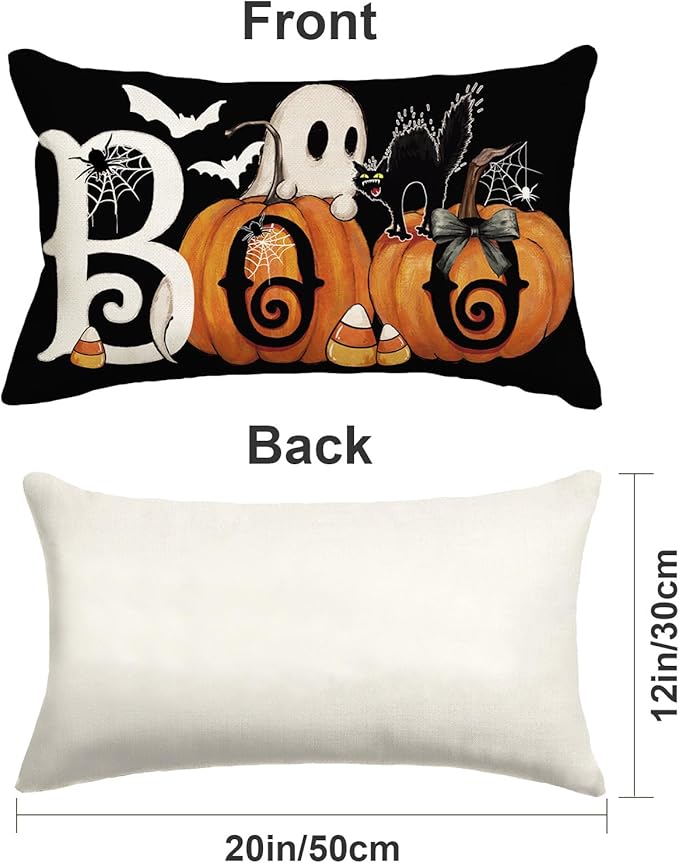 Baccessor Halloween Pillow Cover 12x20 Inch, Black Boo Ghost Spooky Lumbar Pillow Case Halloween Decor for Cushion Sofa Couch Indoor Outdoor Decoration 1 Piece