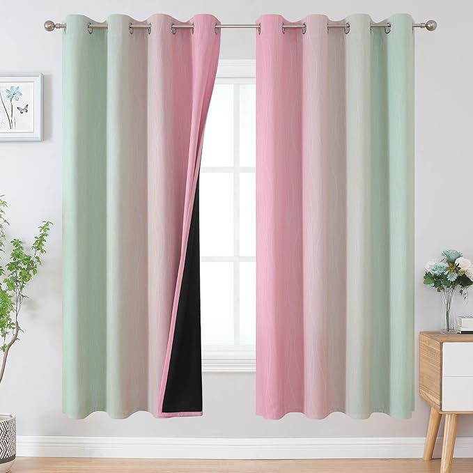 Estelar Textiler Ombre Sage Green and Pink Blackout Curtains for Living Room, Thermal Insulated Full Room Darkening Grommet Gradient Blackout Drapes for Bedroom, 52Wx72L, One Pair