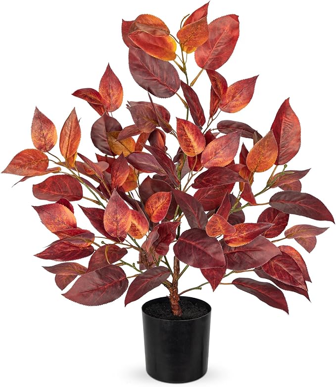 Briful 19.7" Fake Fall Tree in Black Pot, Autumn Small Artificial Elm Leaf Tree Faux Plants Indoor for Home Office Room Tabletop Mantel Thanksgiving Decor