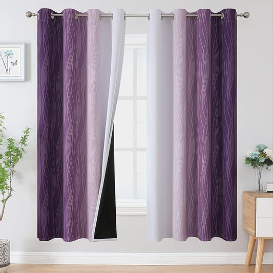 Estelar Textiler Purple and Greyish White Blackout Curtains 72 Inch Length 2 Panels Set, Room Darkening Grommet Ombre Curtains for Bedroom, Thermal Insulated Light Blocking Gradient Drapes, 52Wx72L