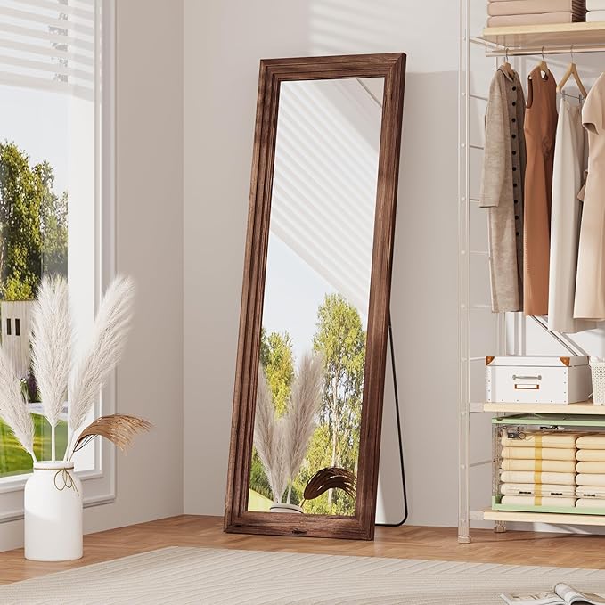 Full Length Mirror,65x22 Inch Full Length Mirror Wall Mounted,Vertical Hanging,Leaning Standing for Bedroom,Living Room,Rectangular Wooden Frame,Wood Brown Color.