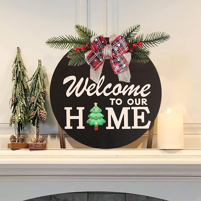Interchangeable Welcome Sign for Front Door Decoration with 4 Seasonal Wreaths and 14 Holiday Icons, Black Welcome Door Hanger, Rustic Wooden Front Porch Sign Home décor(Black)
