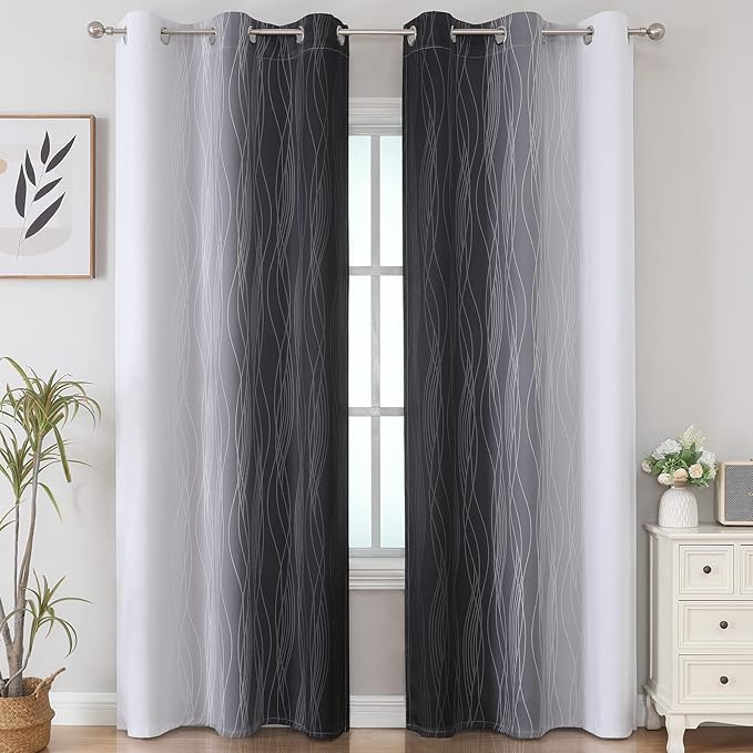Estelar Textiler Thermal Insulated Blackout Curtains for Living Room, Ombre Black and Greyish White Blackout Drapes, Gradient Full Light Blocking Energy Saving Curtains for Bedroom, 42Wx84L, 2 Panels