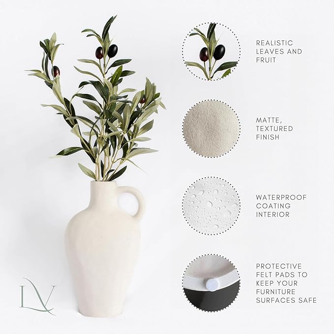 Luxurious Gift Set Textured Ceramic Vase 10 Inch with Olive Branches 22 Inch Tall White Medium Vase Artificial Topiaries Fake Plants, Minimalist Shelf Decor, Neutral Home Office High End Gifting Decor