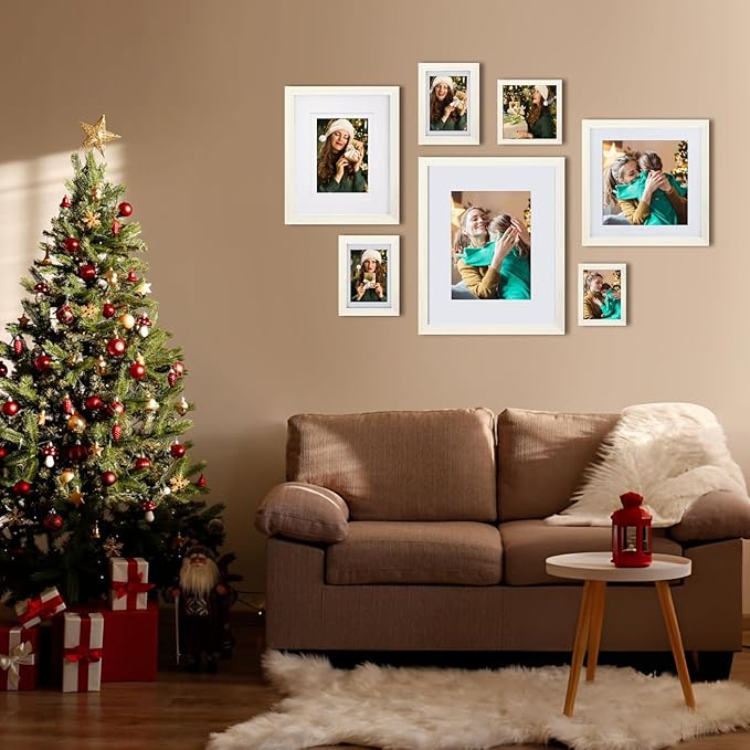 Egofine 12x16 Picture Frames Set of 4, Made of Solid Wood Covered by Plexiglass 9x12 and 11x14 with Mat or 12x16 without Mat, for Wall Mounting Photo Frame Beige