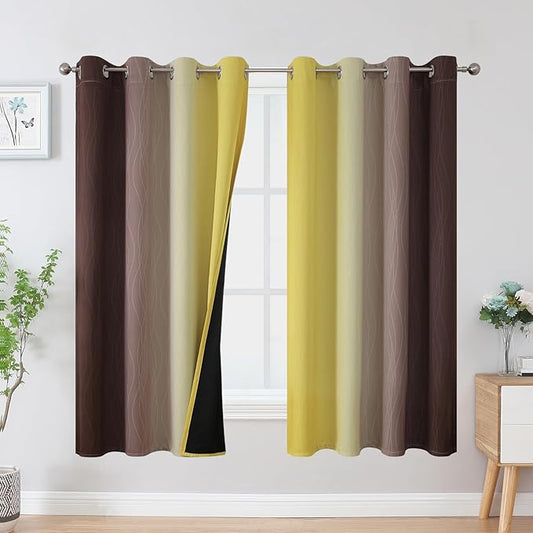 Estelar Textiler Brown and Yellow Blackout Curtains for Kids Room, Full Room Darkening Grommet Ombre Curtains for Bedroom, Thermal Insulated Light Blocking Gradient Drapes, 52Wx63L, 2 Panels