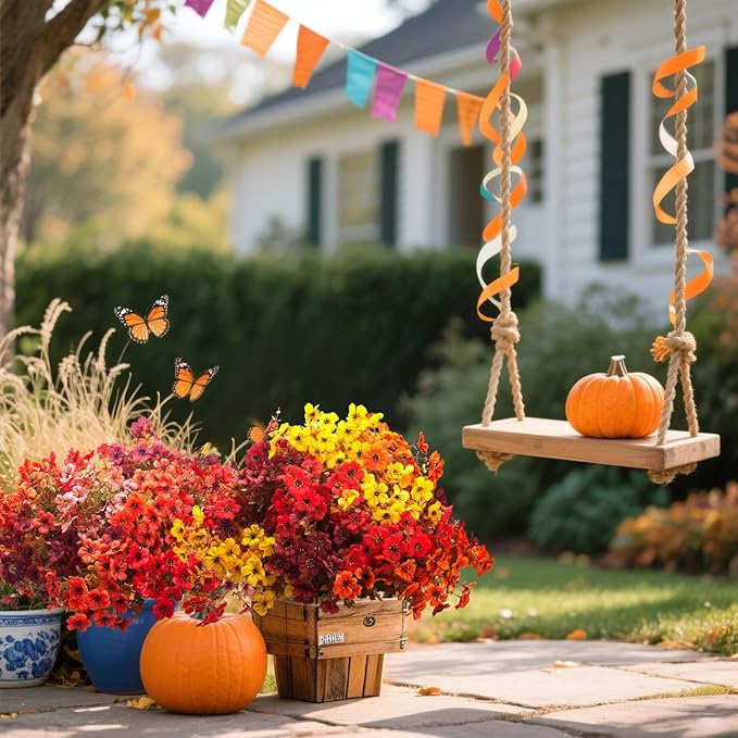 16 Bundles Artificial Fall Flowers Outdoor UV Resistant, Faux Greenery for Hanging Planters & Window Box - No Fade Thanksgiving Christmas Decor, Garden Porch Wedding (Mixed Colors)