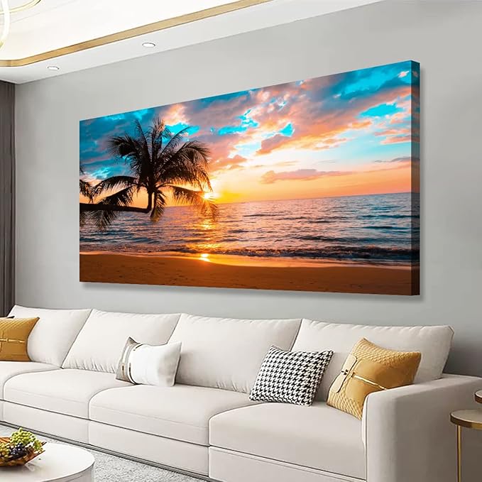 Sunset Beach Picture Canvas Wall Art Print for Living Room and Bedroom Wall Decor,Seascape Palm Landscape Print Paitnings for home Decor,Morden Artwork Sunset Canvas Art Waterproof Stretched Ready to