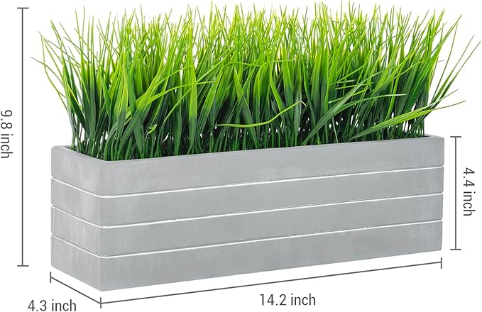 MyGift 15 Inch Artificial Green Grass Plants Potted in Ribbed Gray Concrete Planter Box, Tabletop Faux Greenery in Rectangular Cement Pot Centerpiece Décor